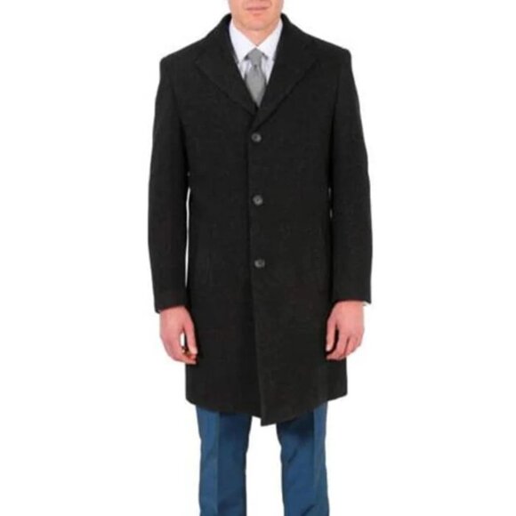 Modern Fit Poly Dark Charcoal Overcoat Wool men's Car Coat Mid Length Three quar - Picture 1 of 3